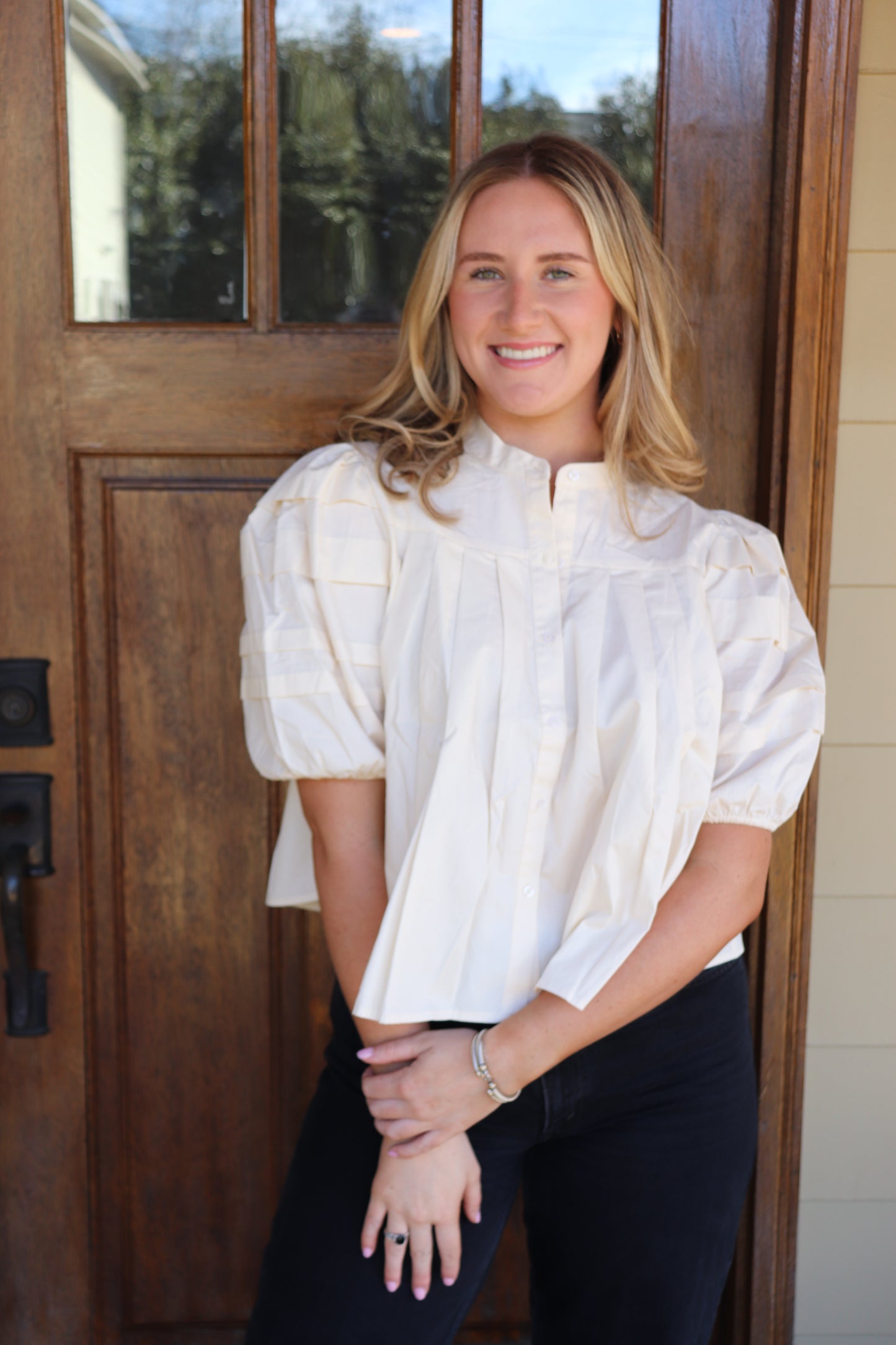 Ivory Pleated Pin-tuck Blouse