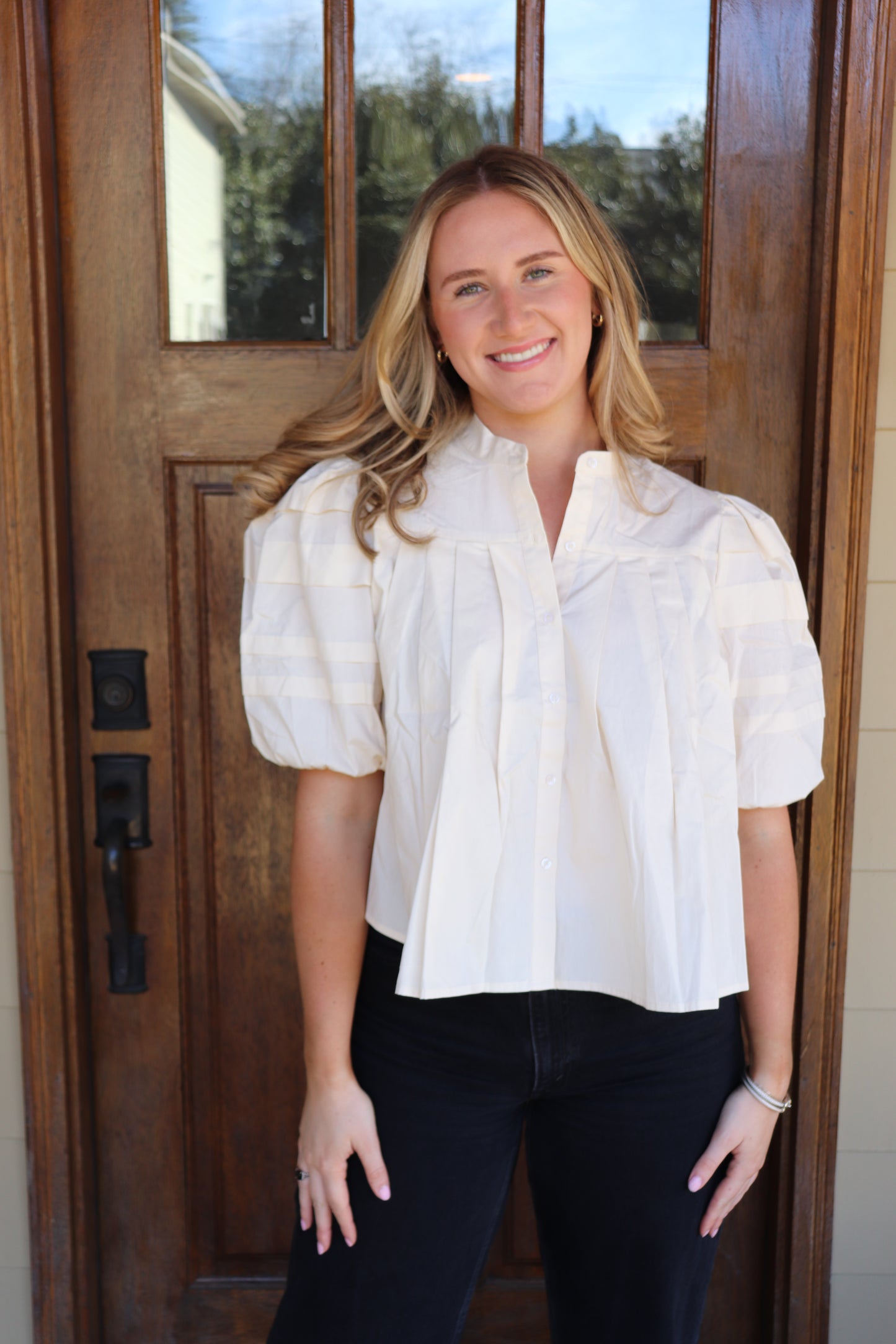 Ivory Pleated Pin-tuck Blouse
