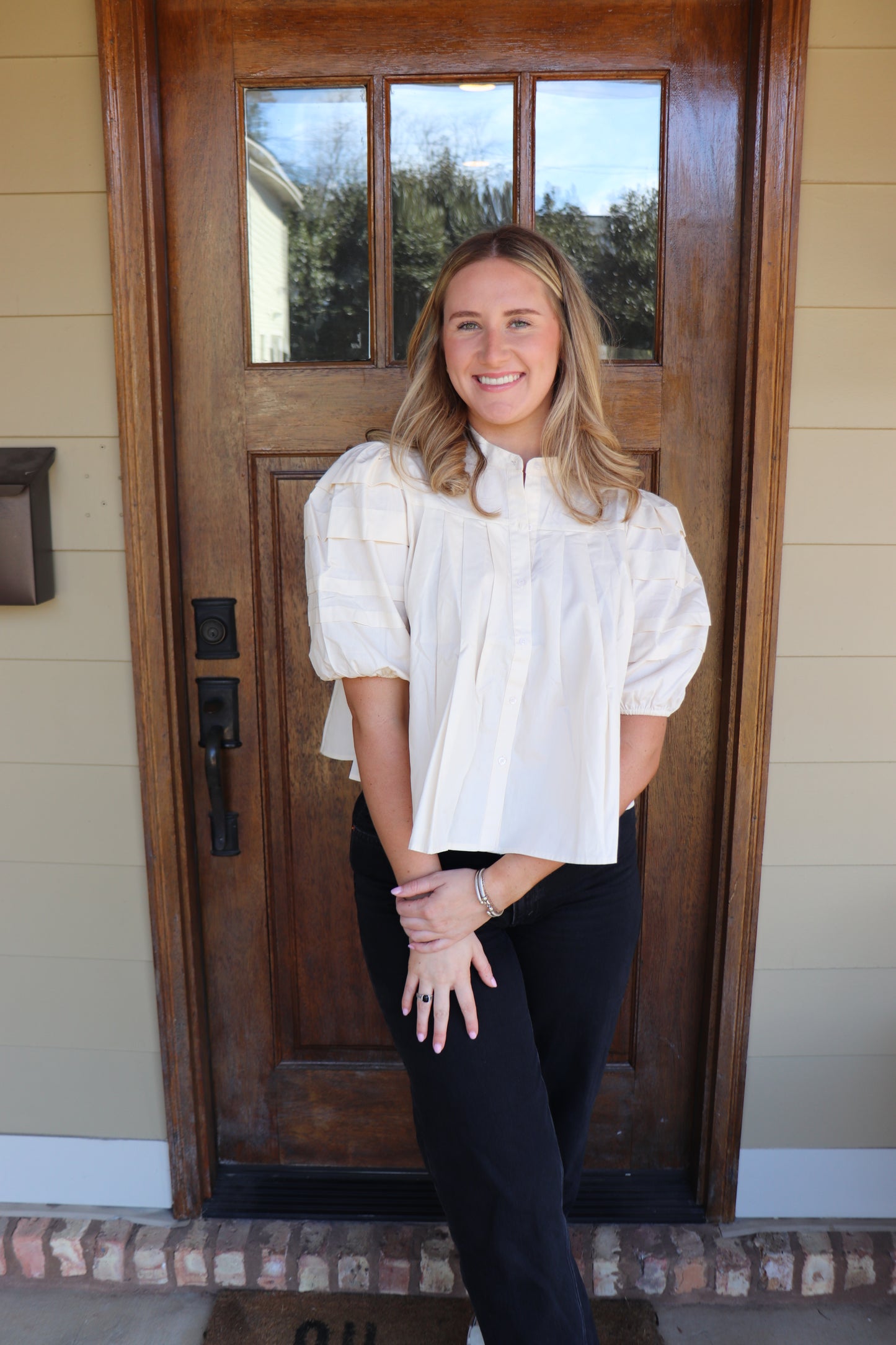 Ivory Pleated Pin-tuck Blouse
