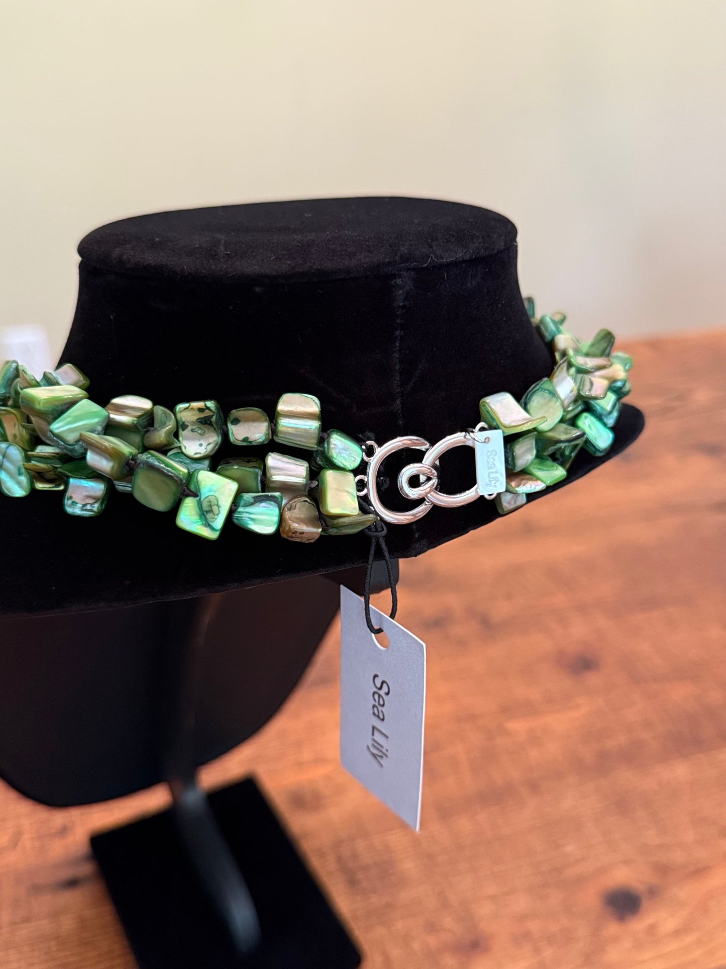 Mother of Pearl Three Layer Green Necklace - Sea Lily