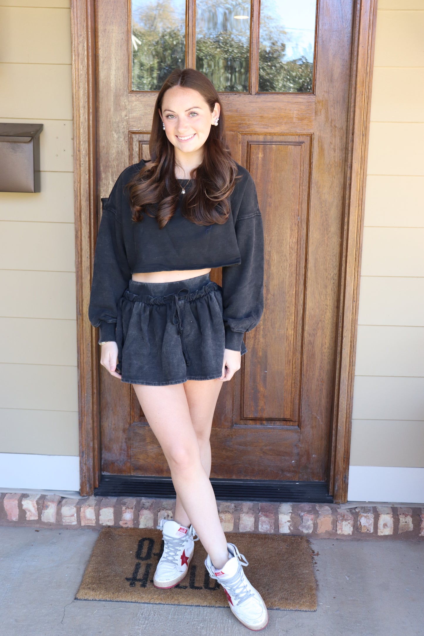 Charcoal Off Shoulder Sweatshirt and Flare Skirt Set