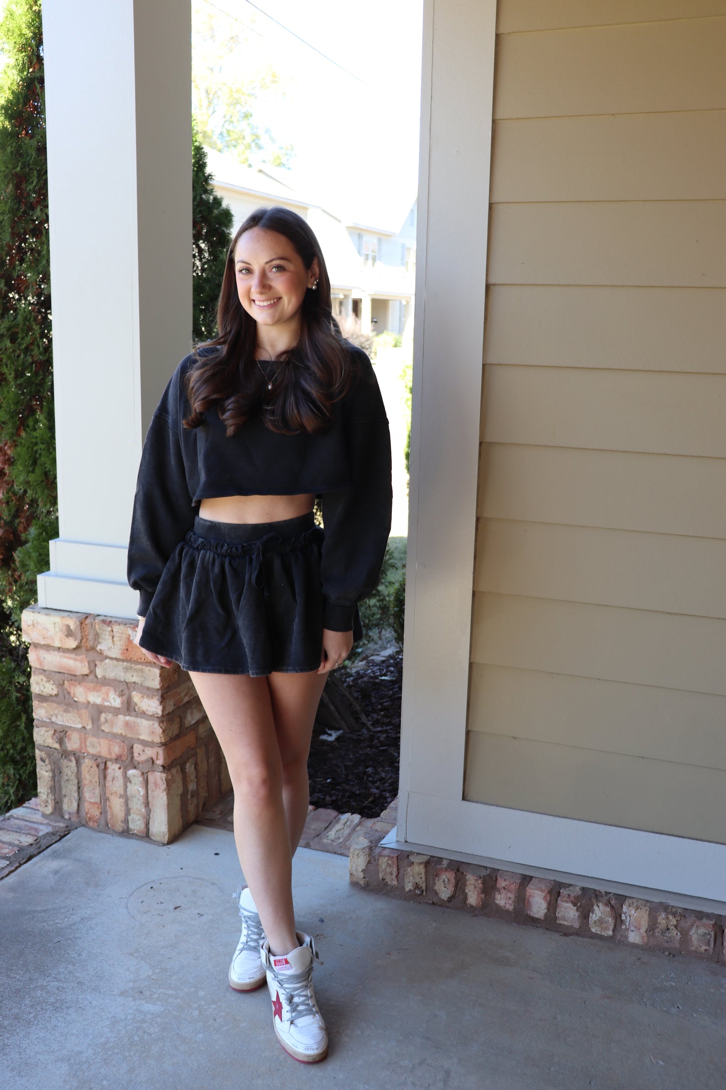 Charcoal Off Shoulder Sweatshirt and Flare Skirt Set