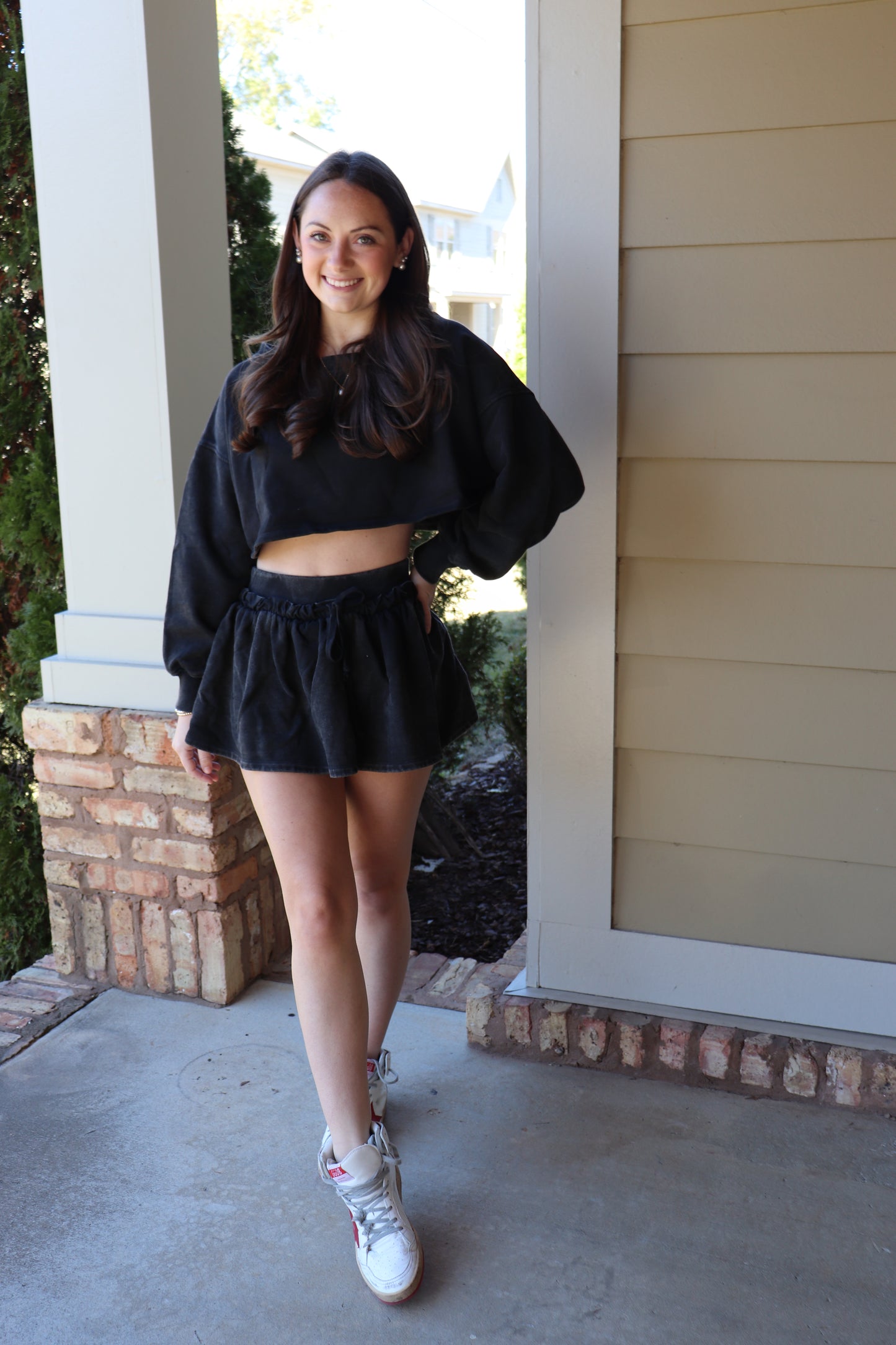 Charcoal Off Shoulder Sweatshirt and Flare Skirt Set