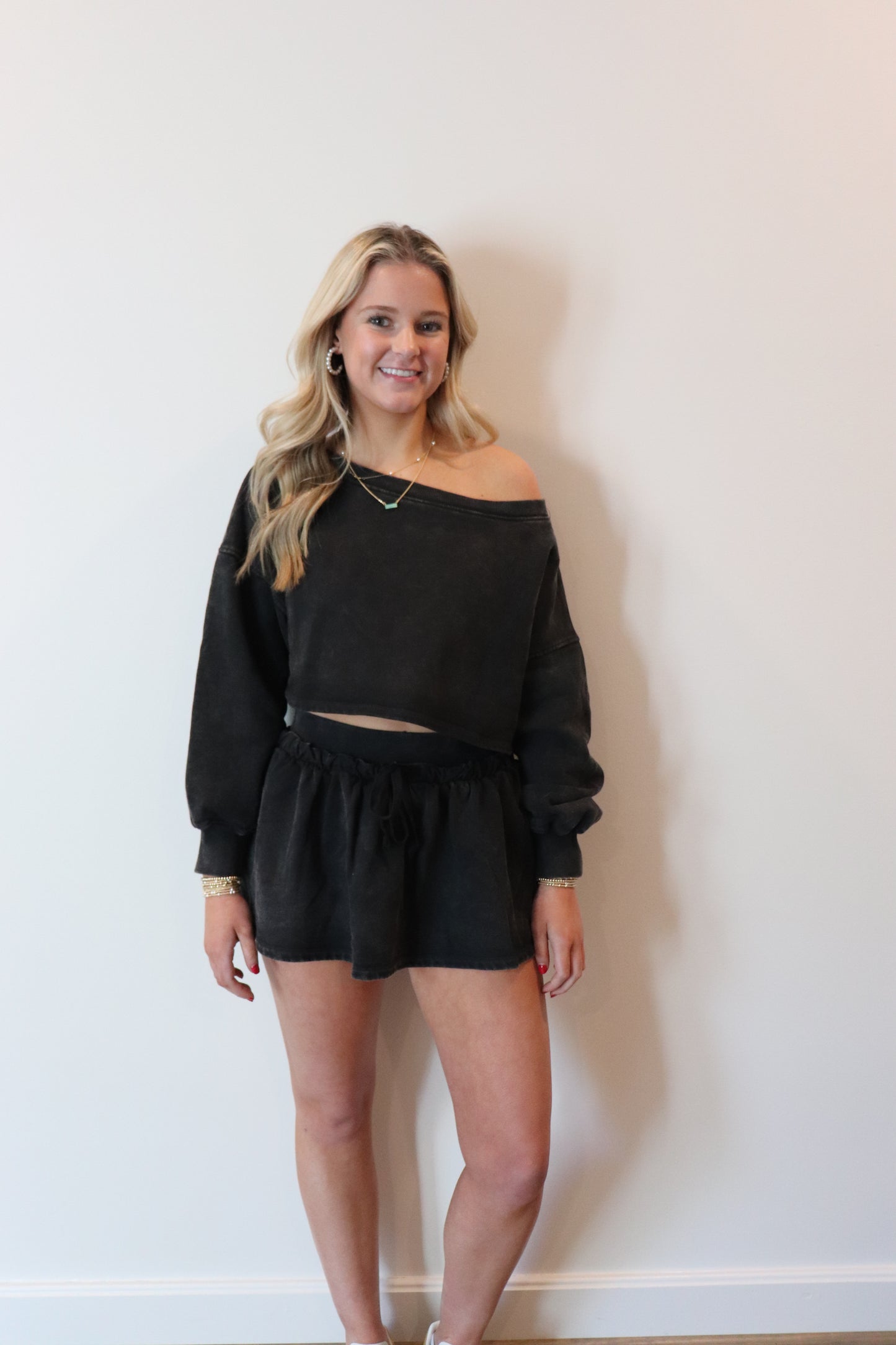 Charcoal Off Shoulder Sweatshirt and Flare Skirt Set