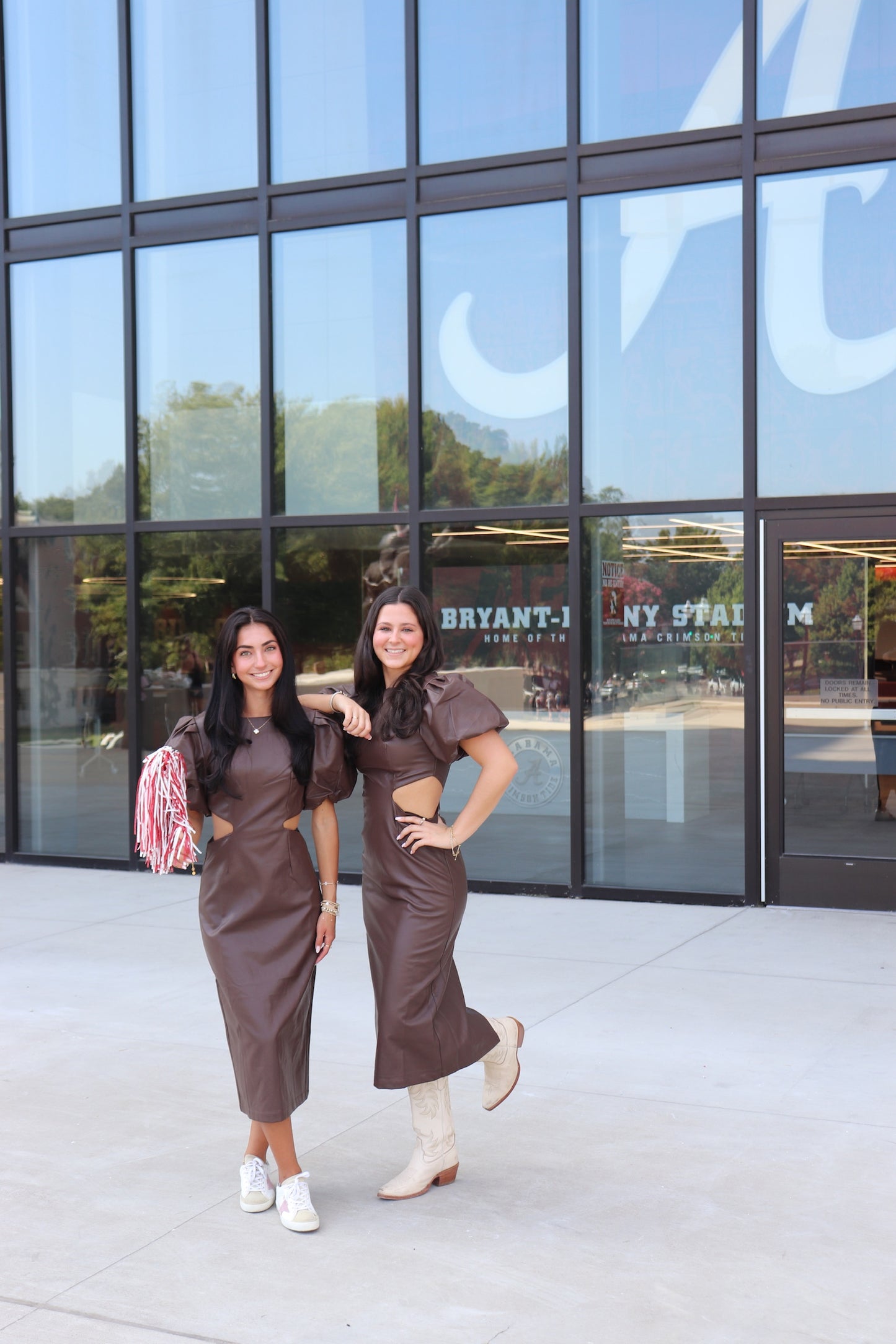 Brown Leather Puff Sleeve Midi Dress