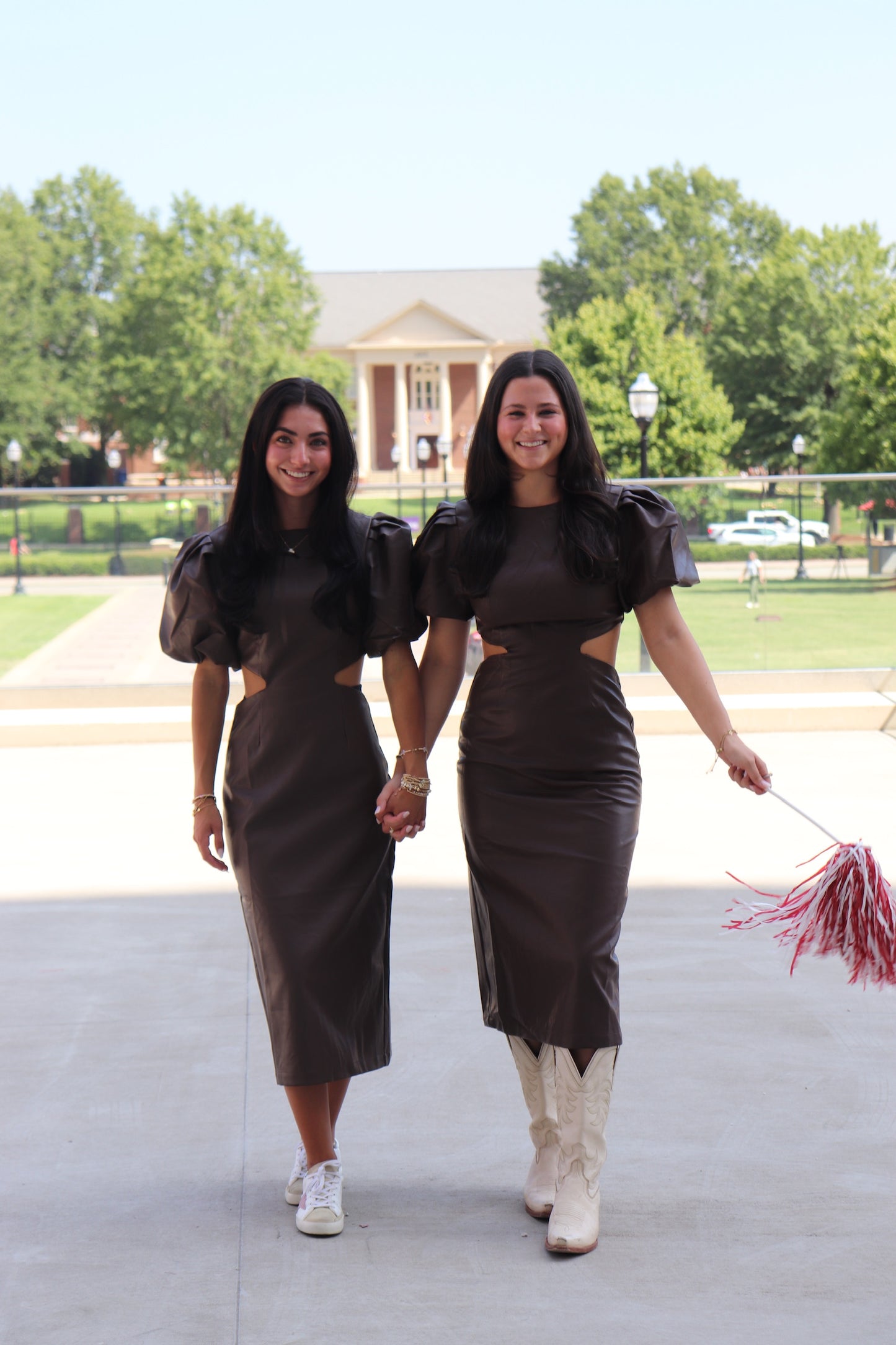 Brown Leather Puff Sleeve Midi Dress