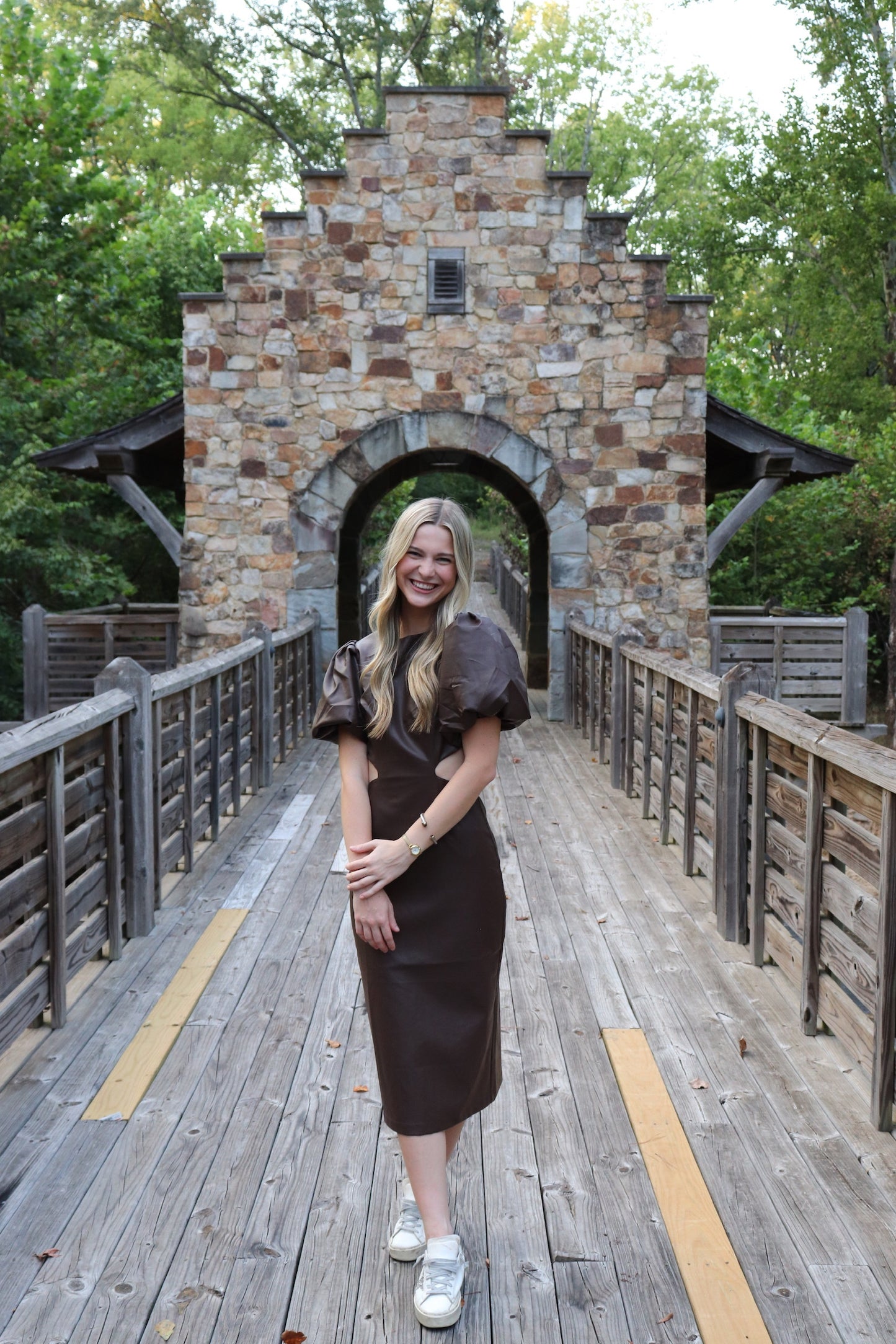 Brown Leather Puff Sleeve Midi Dress