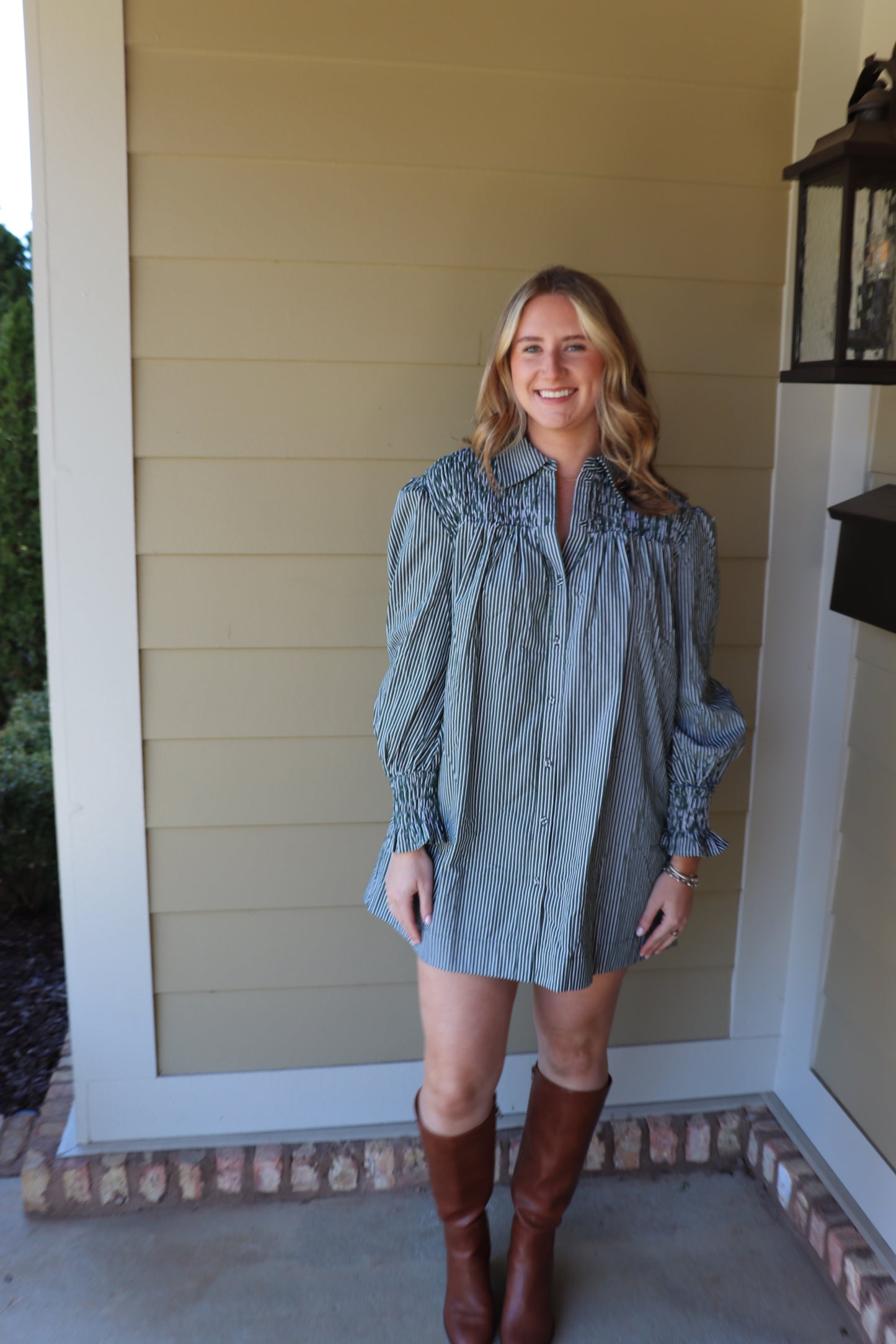 Green Stripe Smocked Mini Dress