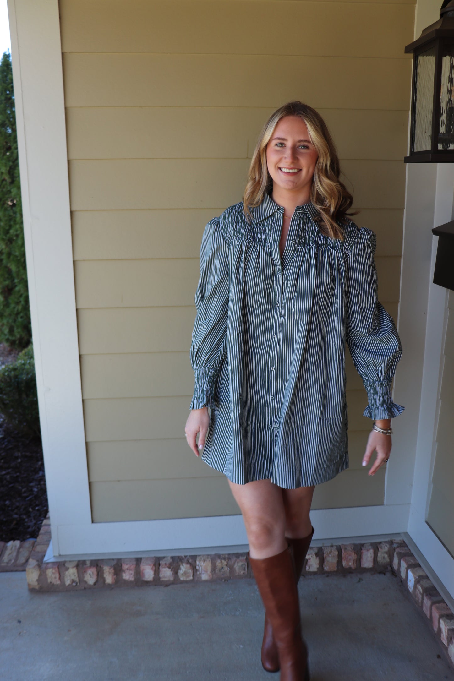 Green Stripe Smocked Mini Dress