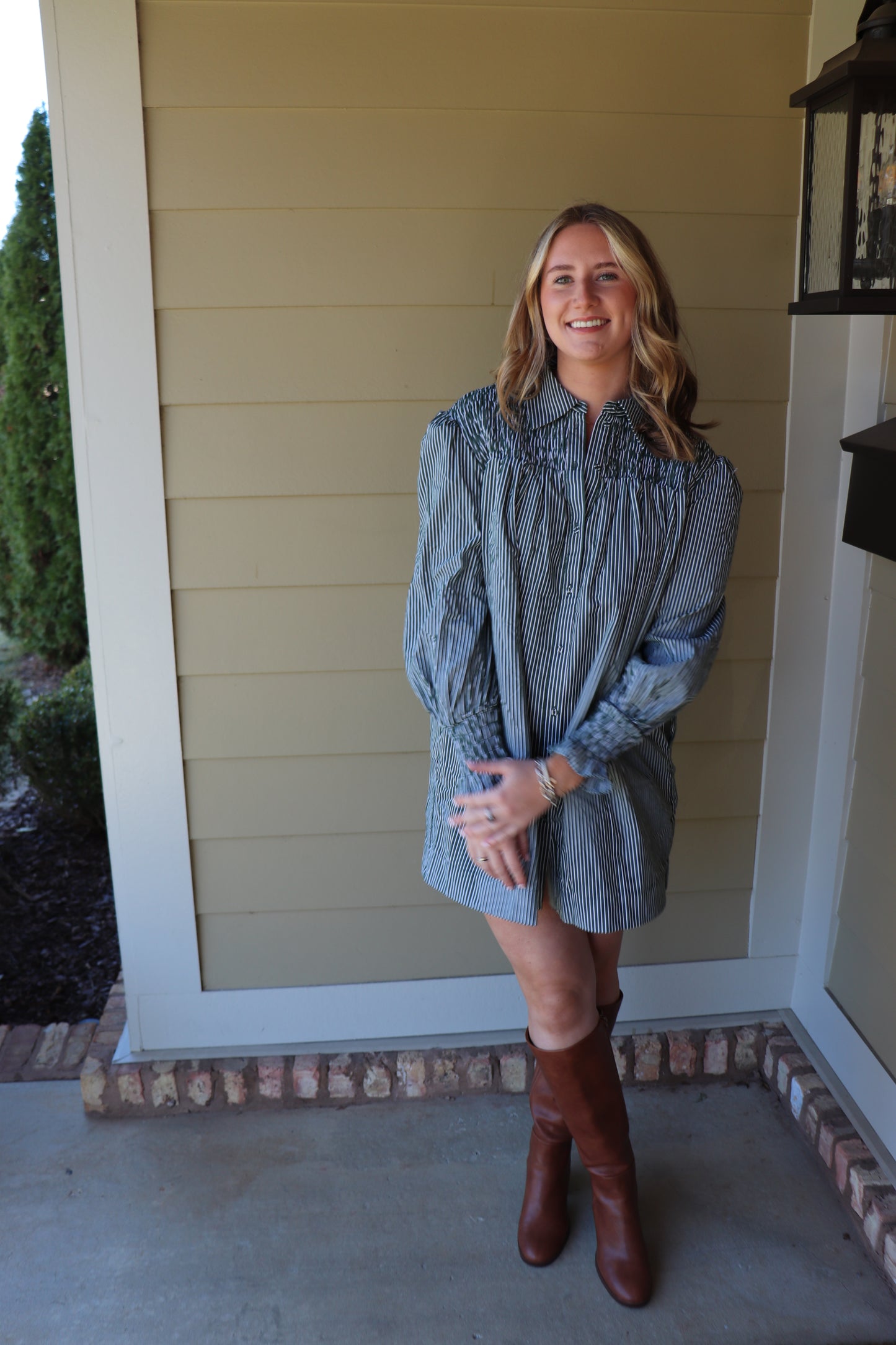 Green Stripe Smocked Mini Dress