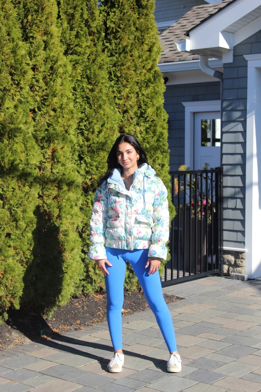 Blue Floral Print Puffer Jacket